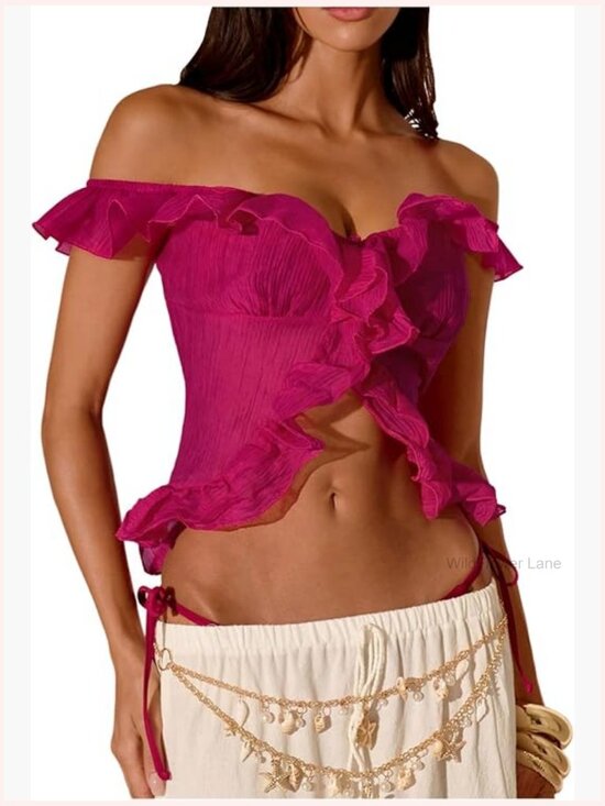 Tops - Off Shoulder Ruffle Trim Chiffon Blouse Y2k Cap Sleeve Split Top